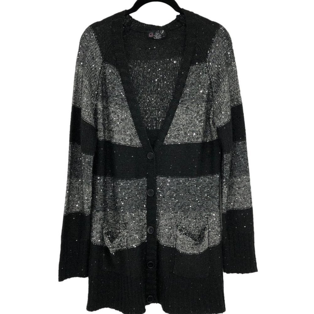 Black and Gray Striped Sequined Cardigan Sweater